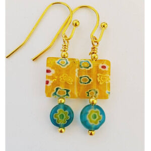 Blue and Orange Glass Millefiori Earrings 1 Inch Gold Tone Findings Handmade
